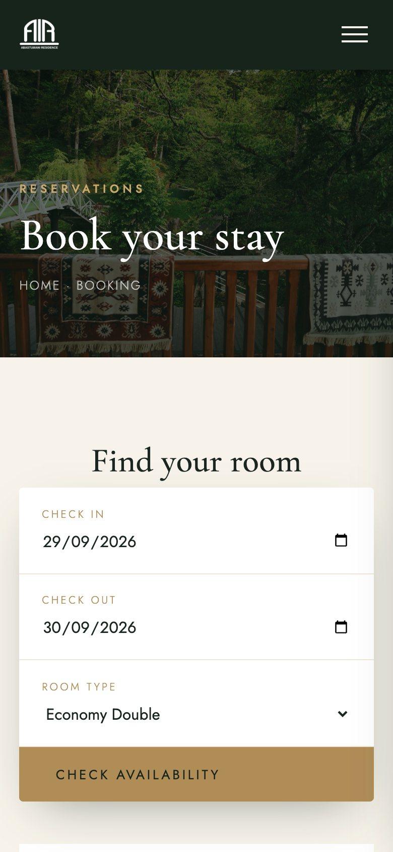 The booking page on a phone, with check-in and check-out dates and a room type above a Check availability button