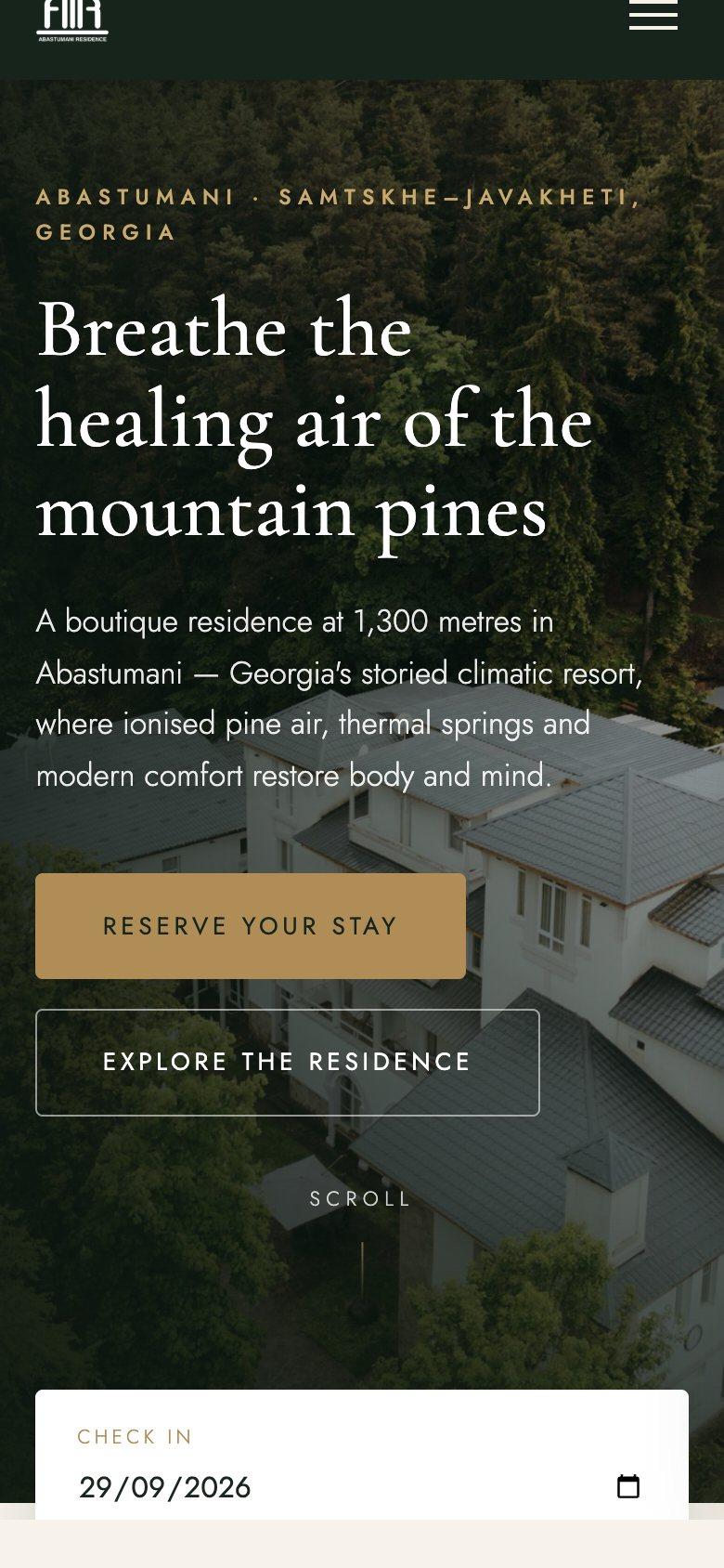 The Abastumani Residence home page on a phone, headed Breathe the healing air of the mountain pines, with a Reserve your stay button