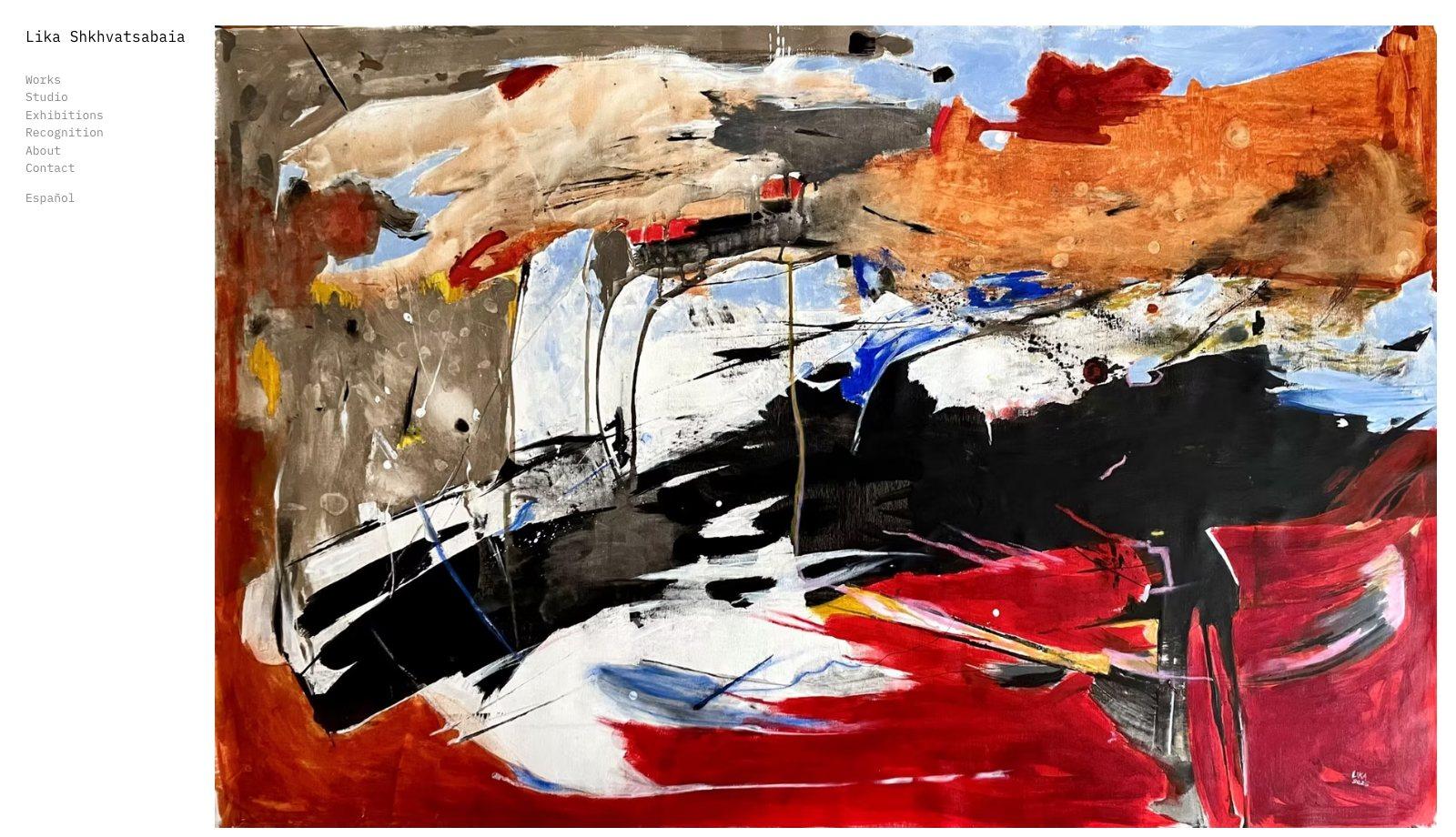The Art by Lika homepage: a large abstract painting in red, black and orange filling the frame beside a quiet monospaced sidebar listing Works, Studio, Exhibitions, Recognition, About and Contact