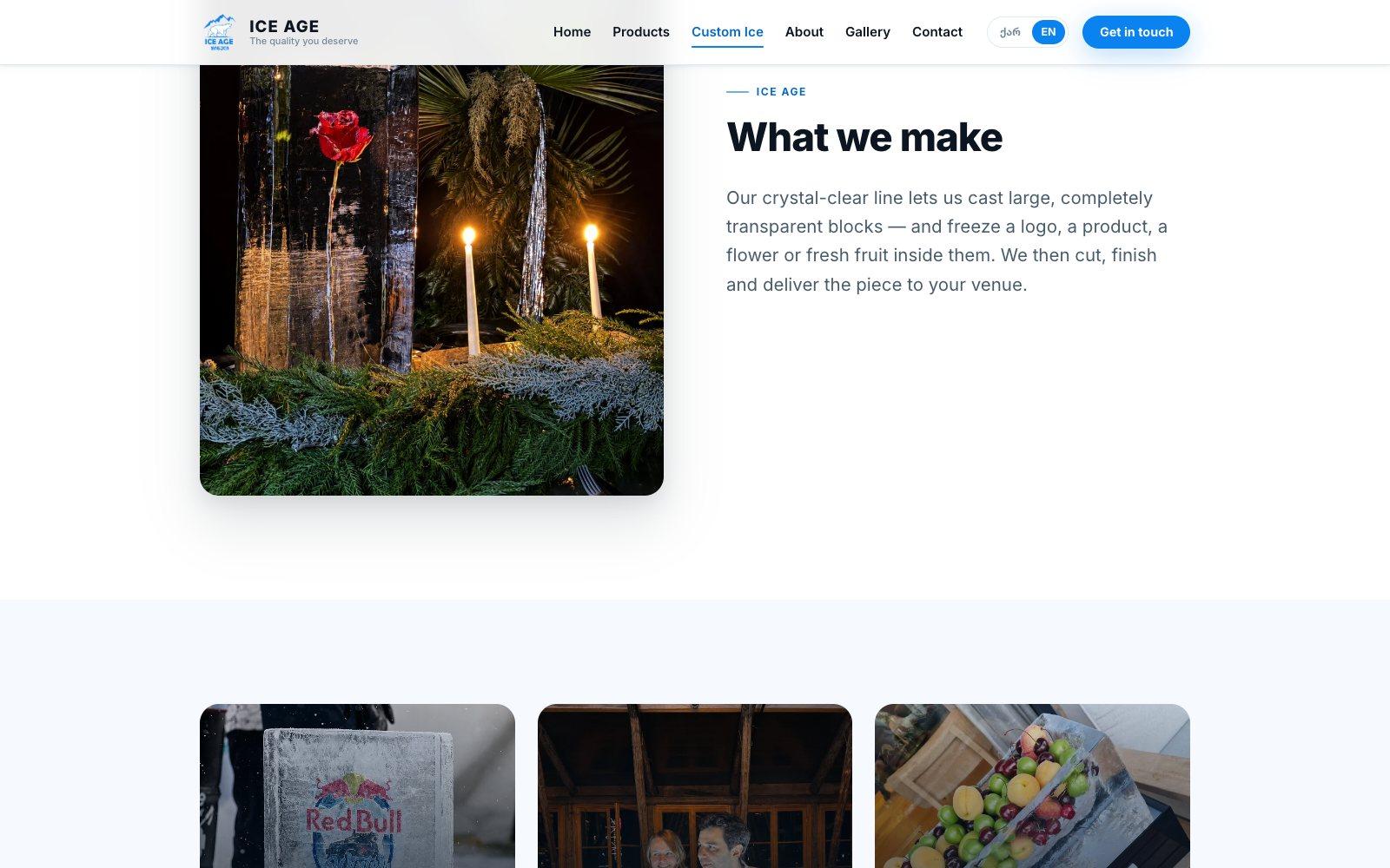 The custom ice page on iceage.ge: a clear ice block with a rose inside, beside the heading What we make, above photographs of a Red Bull block and a fruit display