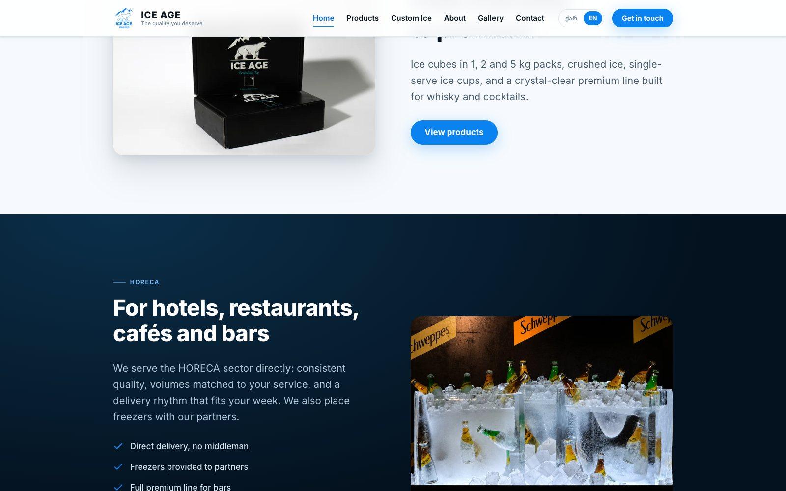 The HORECA section of iceage.ge, headed For hotels, restaurants, cafés and bars, beside a Schweppes display made of ice