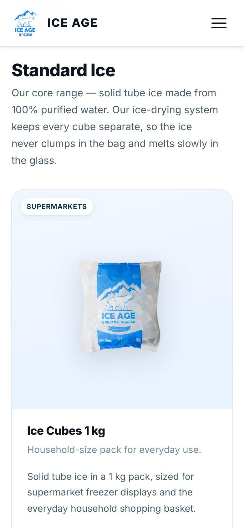 The Standard Ice section of the products page on a phone, with the 1 kg pack card