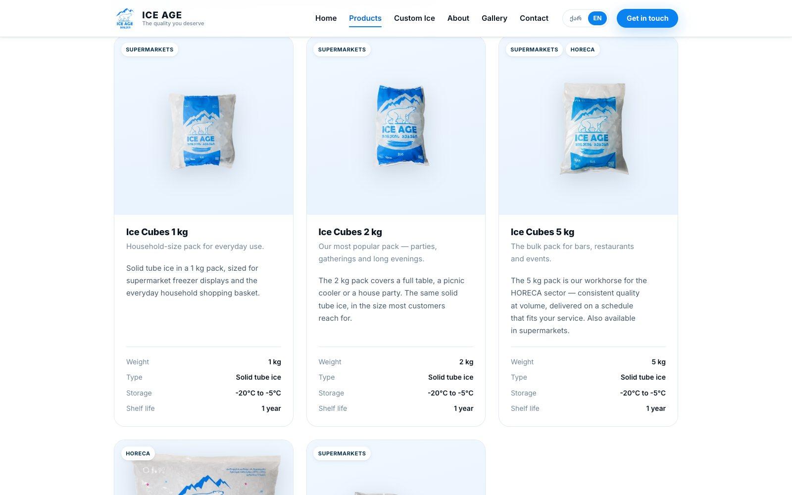 The Ice Age products page: three product cards for 1, 2 and 5 kg bags of ice cubes, each with a photograph, a description and a table of weight, type, storage temperature and shelf life