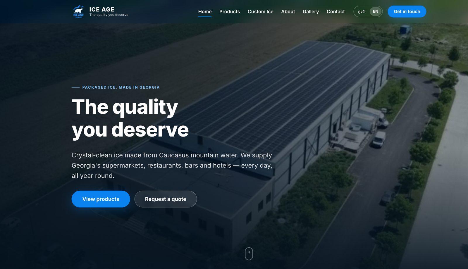 The Ice Age homepage: an aerial photograph of the solar-roofed production facility, overlaid with the headline 'The quality you deserve'