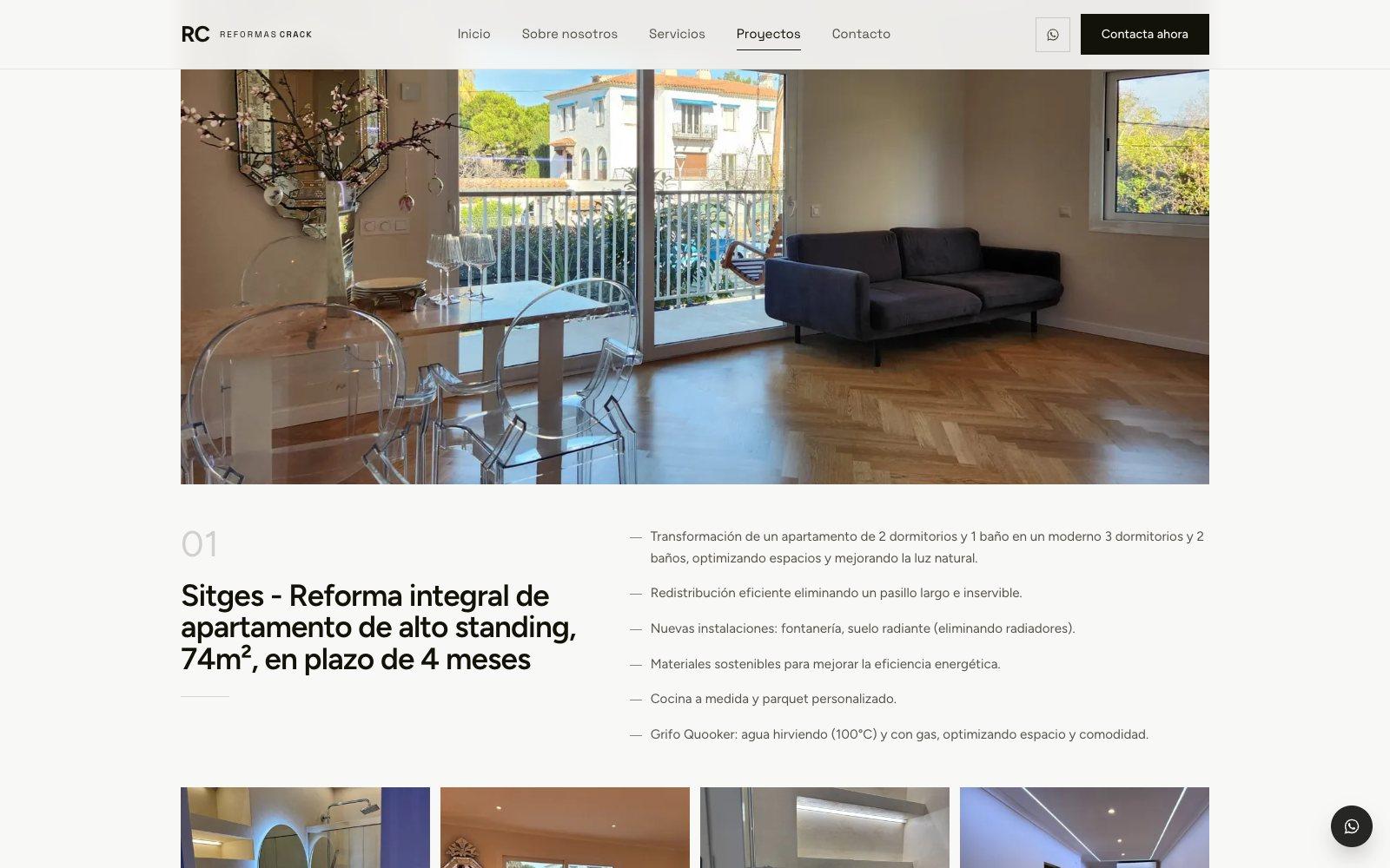 A project on reformascrack.es: a photograph of a renovated living room above the headline for a 74 m² apartment in Sitges, finished in four months, with a list of the changes