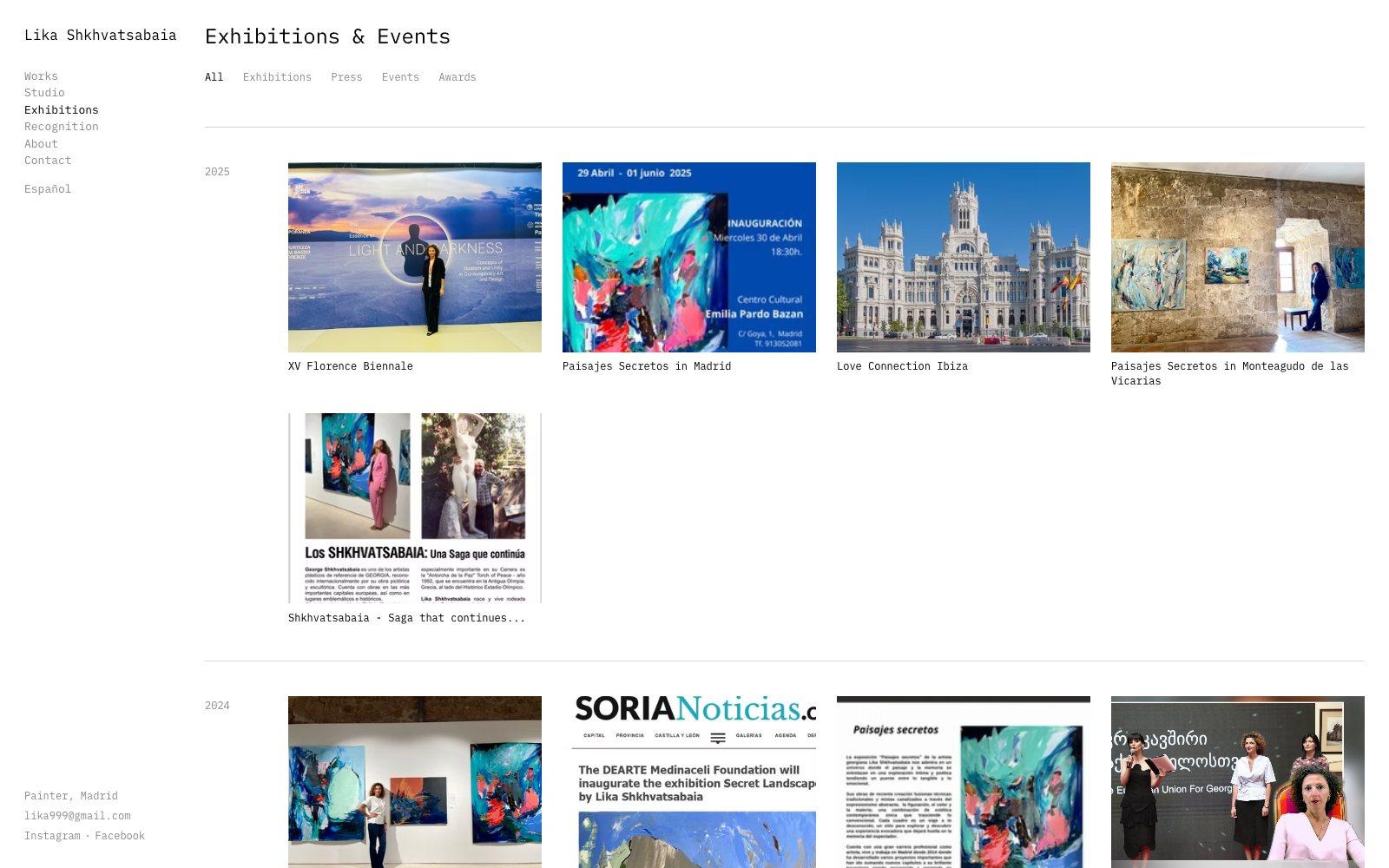 The Exhibitions and Events page on artbylika.com, grouped by year with filters for exhibitions, press, events and awards