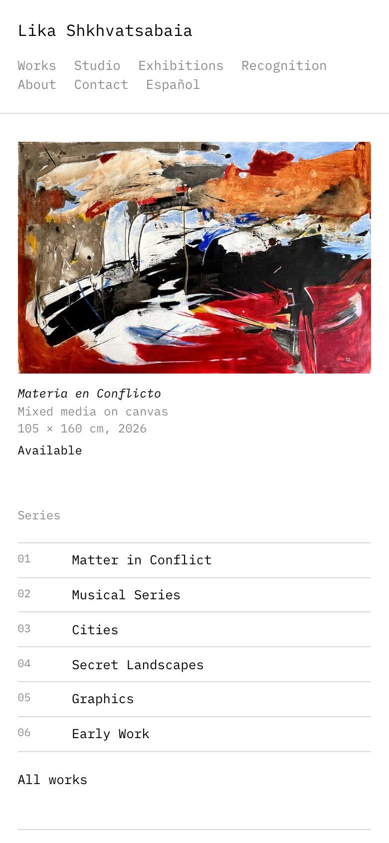 The artbylika.com home page on a phone: a painting above the list of six series