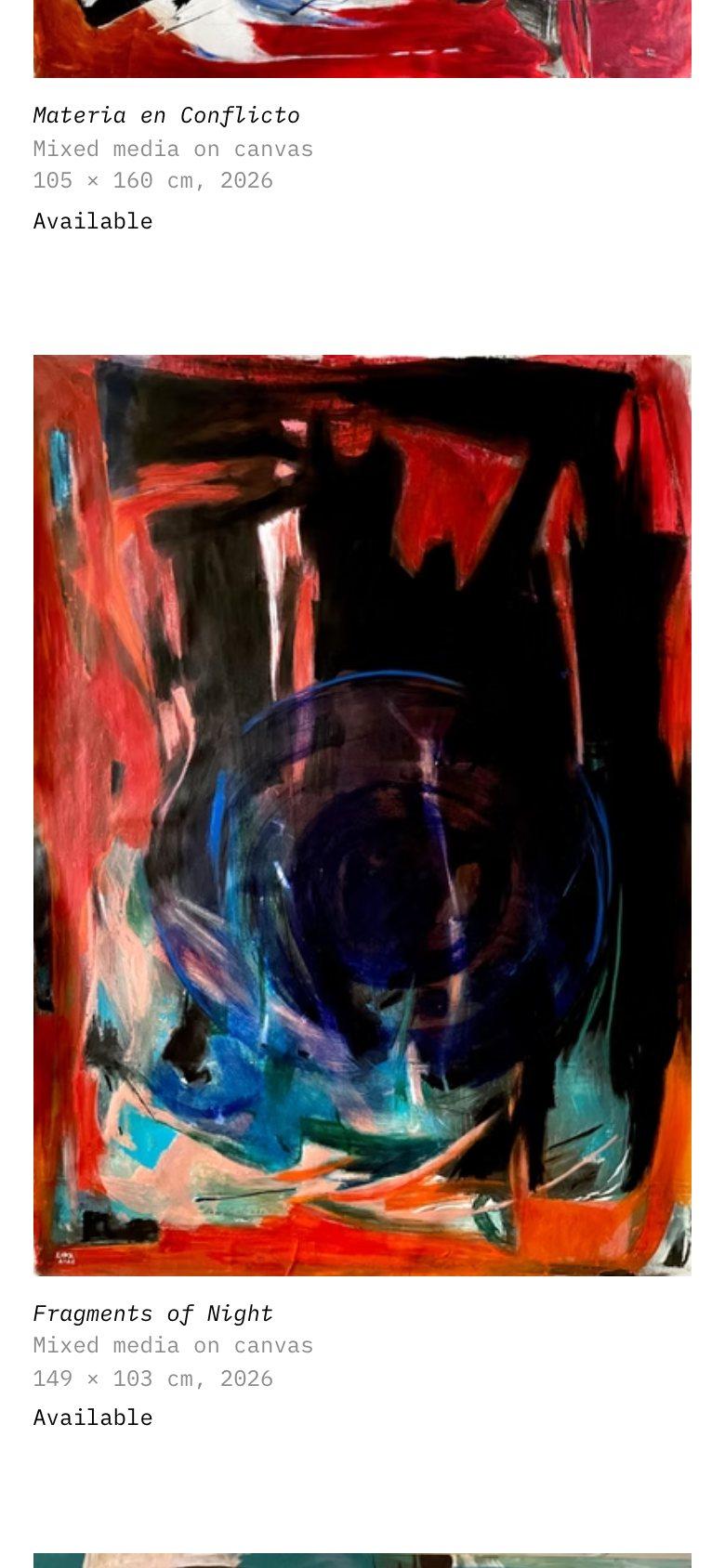 A series page on a phone, one full-width painting after another with captions