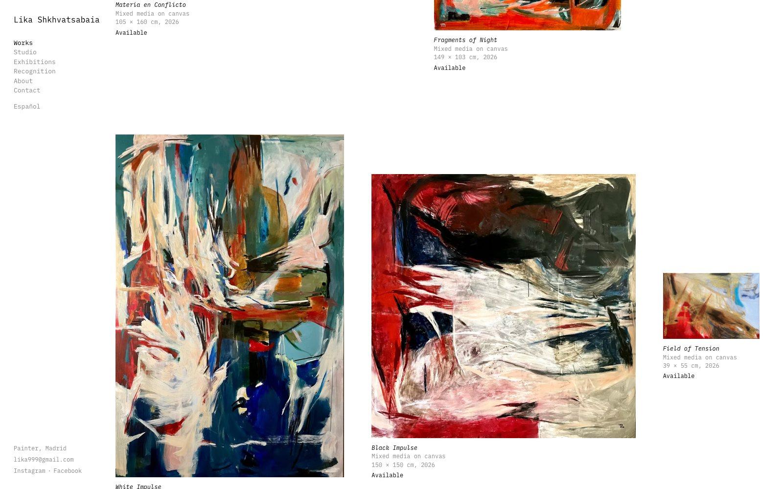 The Matter in Conflict series on artbylika.com: a 150 by 150 cm canvas beside a 39 by 55 cm one, each drawn at its true relative size